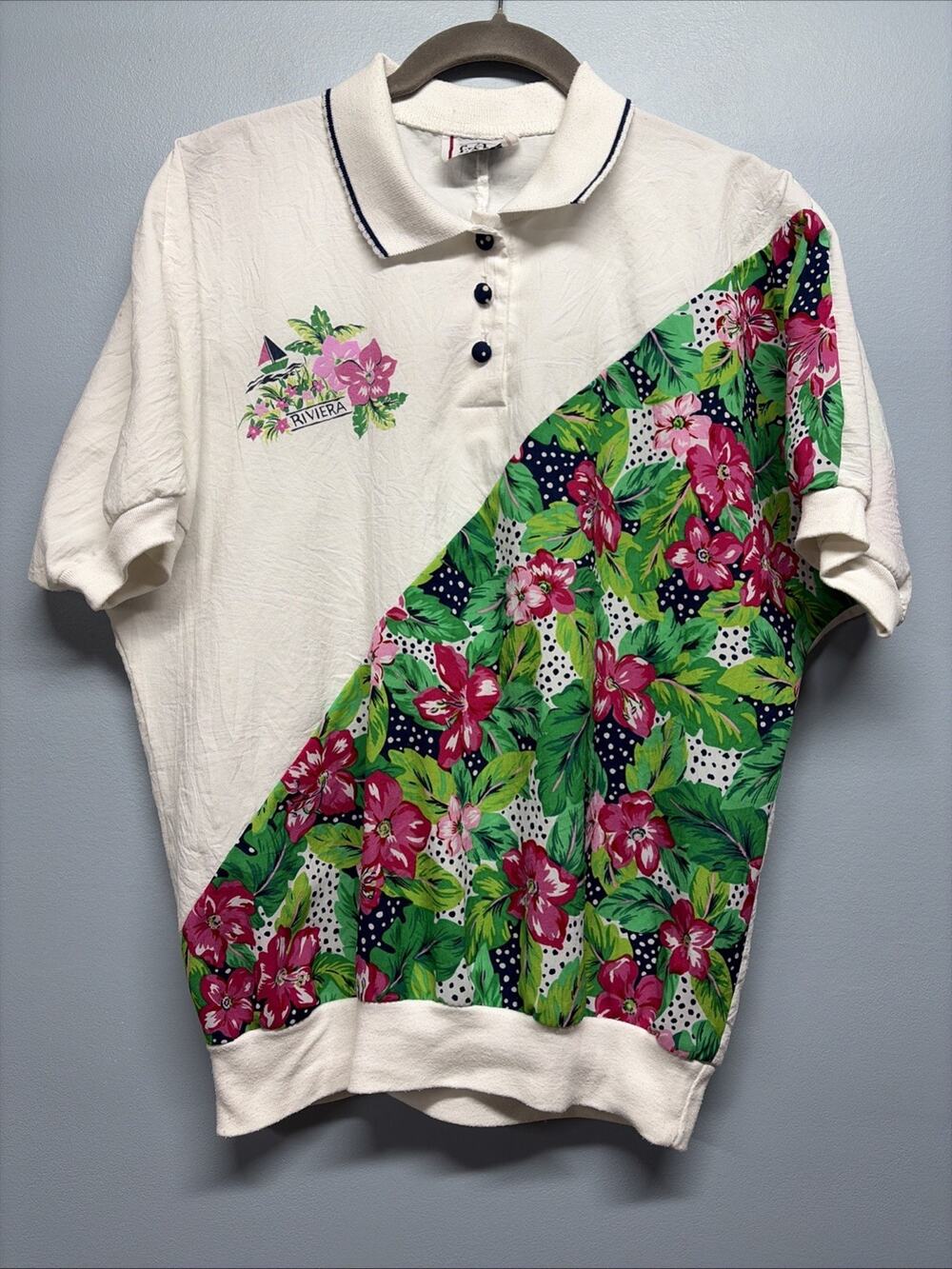 Vintage Cricket Lane Riviera Logo Floral Mom Shirt Bouse - Made In USA *Flaw*